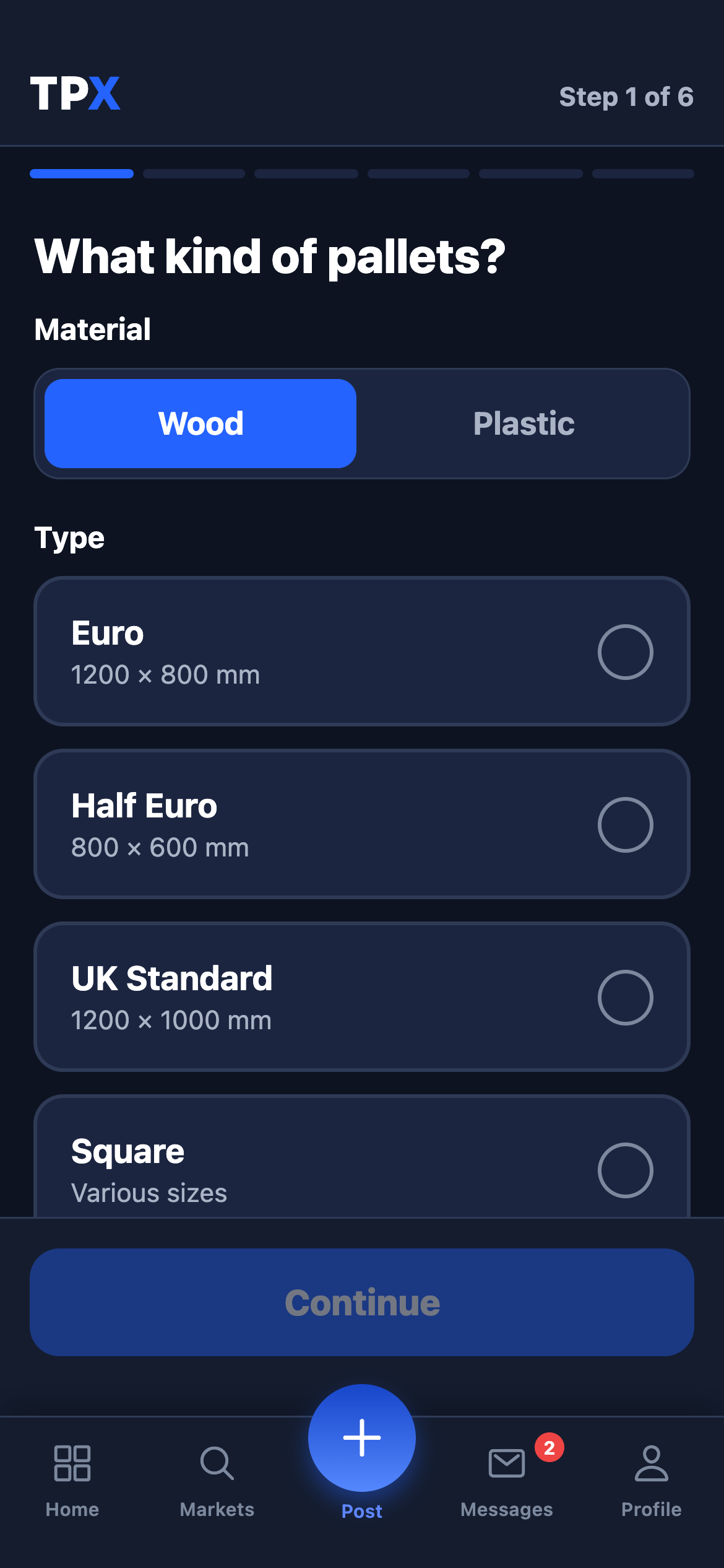 TPX app: posting a listing — choosing pallet material, type and grade