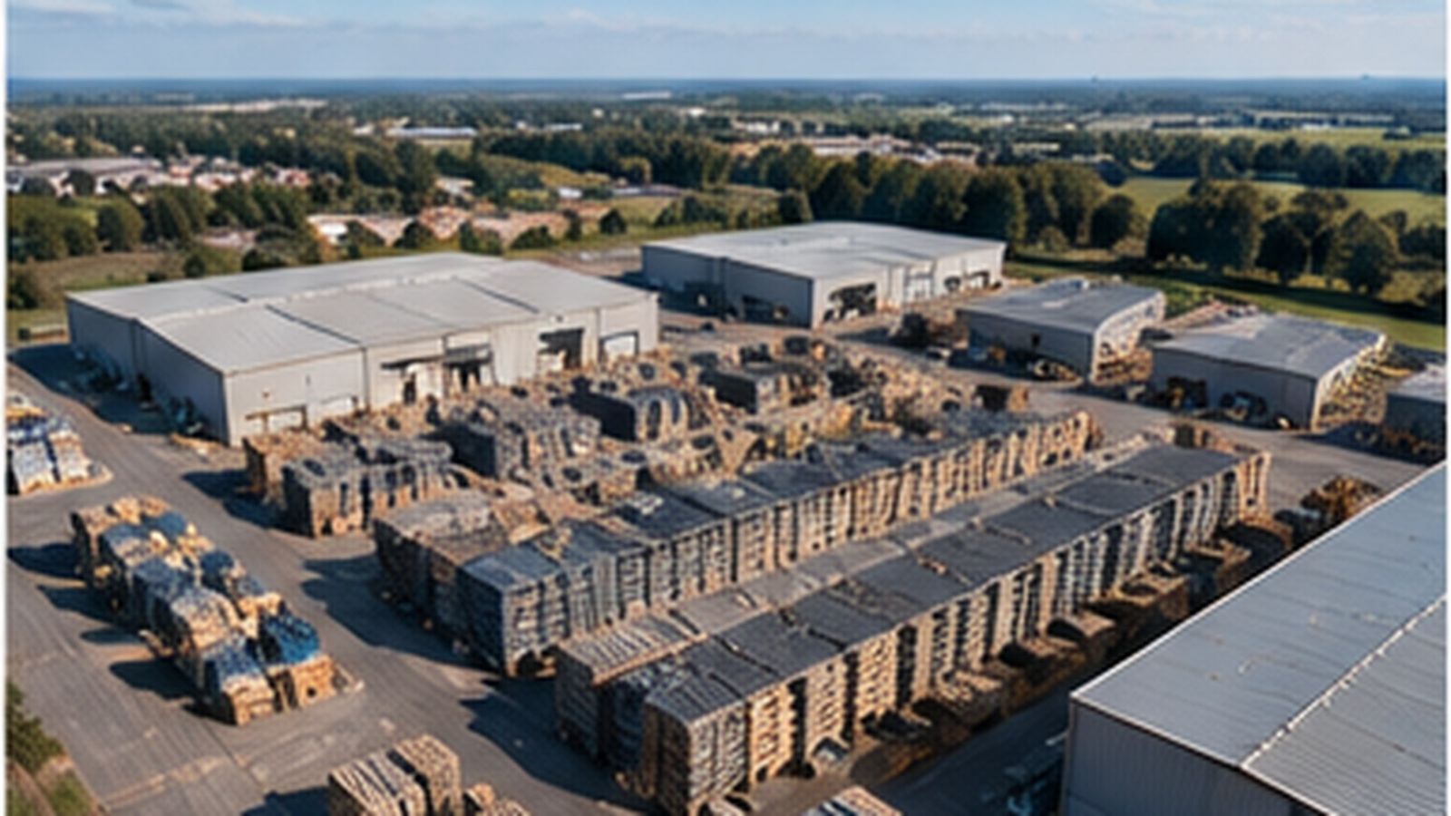 An aerial view of a large British pallet yard